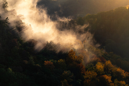 Mist rising over mountains in Letchworth State Park New York