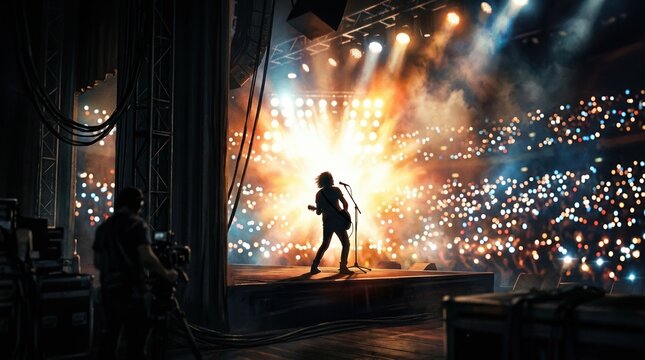 Concert stage seen from the backstage wings, performer silhouetted against a blinding burst of lights and vast blurred audience