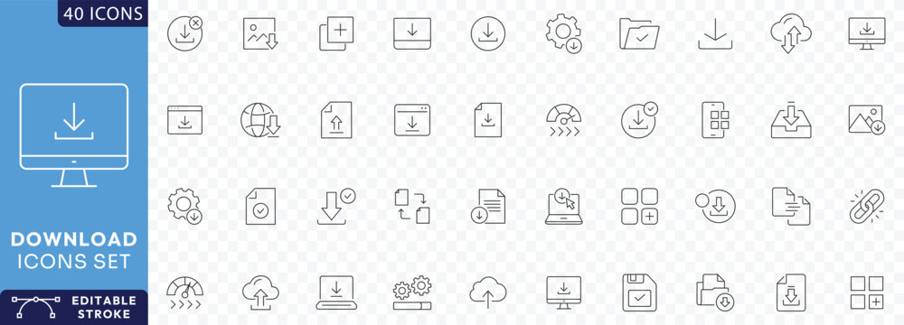 Download icon set. Containing upload , link, document, download file, folder, data etc . line Icon Collection. Fully Editable. Vector illustration.