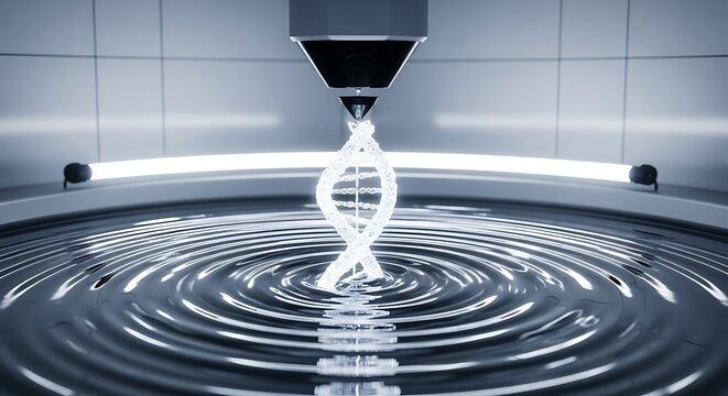 Dna double helix synthesis occurs in a sterile liquid chamber with a precision nozzle printing genetic code in a high resolution medical photograph
