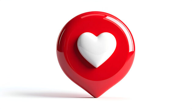 A vibrant red location marker icon prominently features a white heart symbol at its center, set against a clean white background.