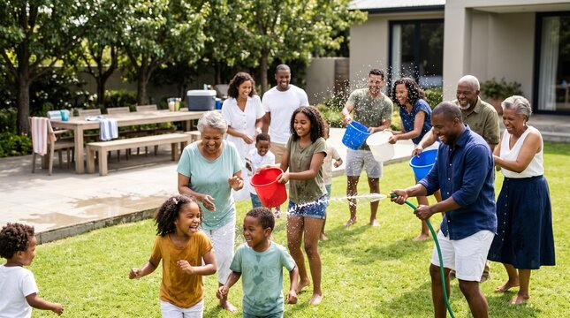 Multi-generational African American family playing with water in a sunny backyard.