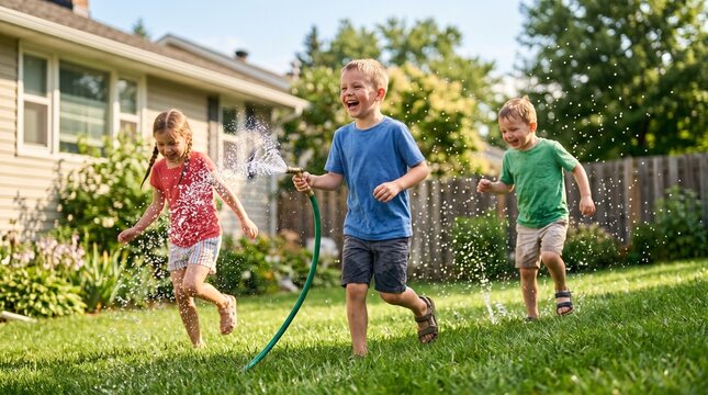Happy children playing with garden hose and water in sunny backyard