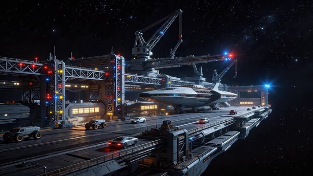 Futuristic space station with ship and vehicles