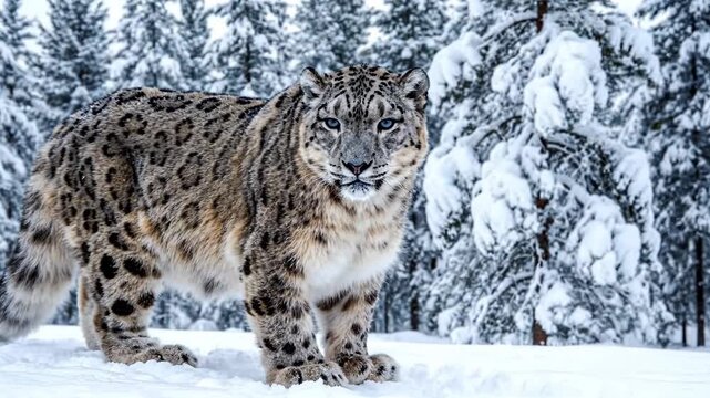 Adult snow leopard with blue eyes standing alert in a winter forest, featuring thick spotted fur against a background of snow-covered pine trees and deep white ground snow.