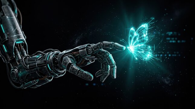 Robot reaching out to a single glowing digital butterfly in a dark void. Mechanical textures, teal light, sharp focus, cinematic