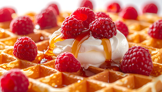 A close-up shot showcases a stack of golden waffles topped with a generous swirl of whipped cream, glistening honey, and a scattering of vibrant red raspberries, creating a delectable