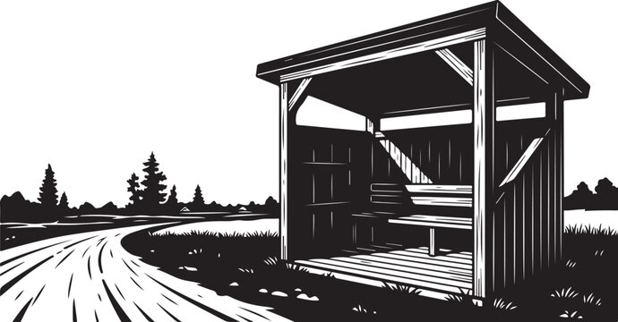 Rustic Bus Stop, Wooden Shelter, Rural Landscape, Black and White Illustration