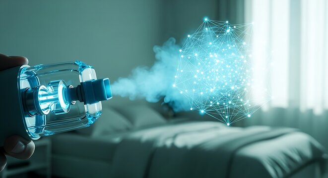 Smart air humidifier device emits a glowing blue holographic mist and digital geometric network in a modern bedroom for futuristic wellness