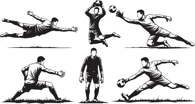 Soccer goalkeeper, goalie, football player, sports illustration, athletic poses, black and white