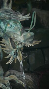 Vertical Close-up of Traditional Bronze Dragon Water Fountain at Japanese Shrine Chozuya