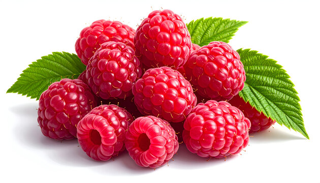 A vibrant pile of fresh, ripe raspberries with lush green leaves are artfully arranged against a clean white background, showcasing their juicy texture and bright color.