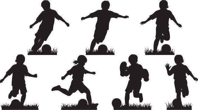 Black silhouette soccer players, kicking ball, running, athletic poses, vector graphics, sports icons, football illustrations