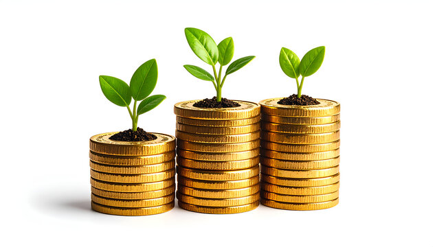 Three stacks of gold coins with vibrant green seedlings growing from the top, symbolizing growth, investment, and financial prosperity against a clean white background.