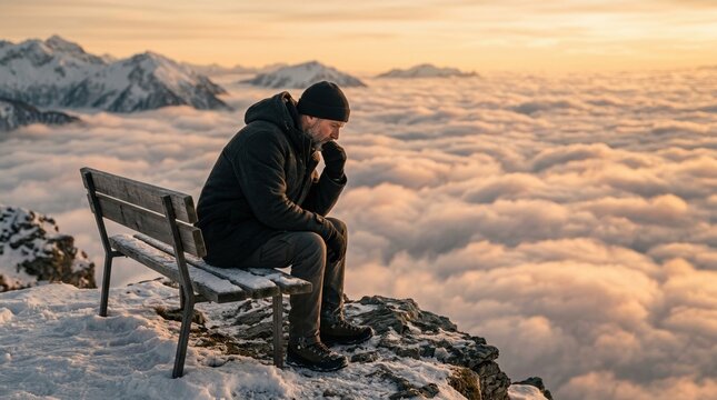 Thinker deep in thought at snow bench above sea of clouds during golden hour. Surrealist photography, high-altitude landscape,