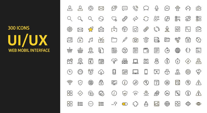 Collection of 300 outline icons for UI/UX design, web, mobile, and interface applications