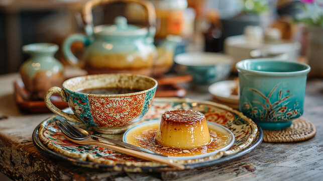 懐かしい雰囲気の喫茶店で提供されるプリンとコーヒーを中心にした室内風景、やわらかな光と家具や植物が調和した温かみのある空間で日常のひとときや癒しを表現した広告やSNSに適した高品質素材