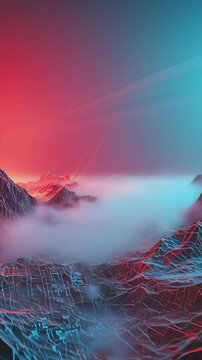 Red and blue glowing digital mountains in atmospheric fog