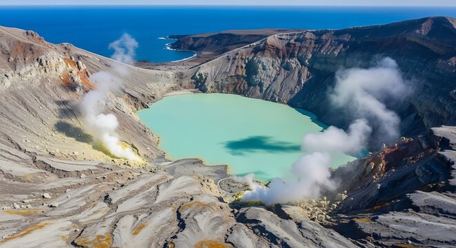 Aerial view of a volcanic caldera with a turquoise lake and steam