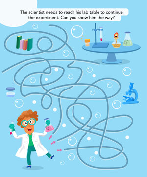 Kids educational vector maze puzzle featuring scientist finding path to lab table for experiment. Colorful labyrinth game in cartoon style perfect for preschool science worksheets and children brain