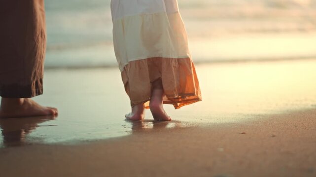 Close up of Asian parent and toddler girl feet walking barefoot on sandy beach at sunset golden hour. Hazy cinematic shot of family summer vacation and slow living bonding. Ideal for travel, parenting