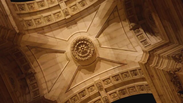 Ornate Architecture Ceiling of Rua Augusta Arch in Lisbon at Night