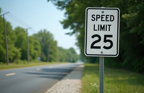 Roadside speed limit 25 sign by asphalt road. Tall green trees line the path. Clear blue sky above. This indicates a need for slower driving.