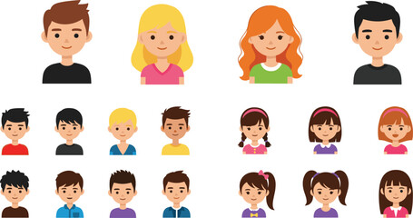 Fototapeta premium Flat vector illustration diverse cartoon people avatars men women children characters set smiling faces modern minimal design collection