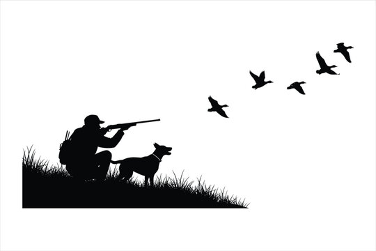 hunting silhouette, dog, birds, vector icon, black illustration, outdoor scene