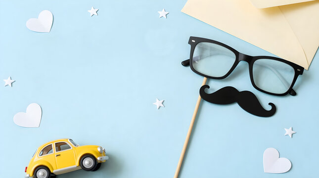 A playful photo booth prop setup with glasses and mustache on a stick