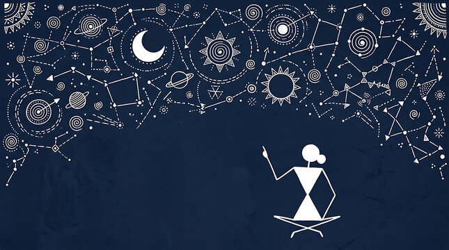 Conceptual Warli Art Visionary Figure and Cosmic Geometry, Dreamer illustration, Minimalist space art, Conceptual tribal design