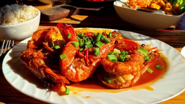 Saucy prawn platter served with rice in warm sunlight at Badjao Seafront Restaurant, highlighting a rich seafood lunch on a wooden table.