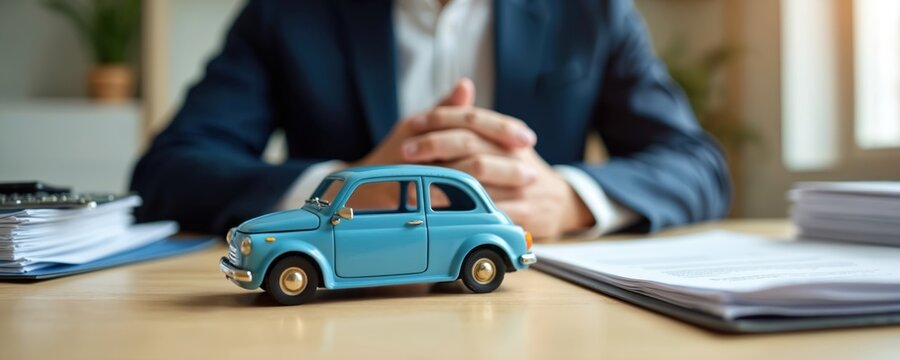 Agent offers blue toy car with insurance policy contract. Man reviews paperwork for auto coverage. Pro consultation for vehicle protection plan.
