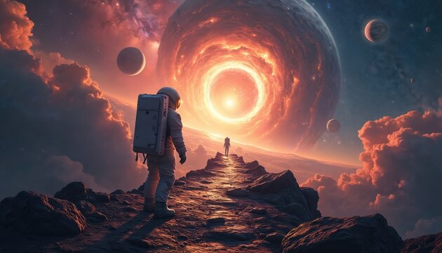 Astronaut walks on rocky alien planet toward glowing portal. Another spaceman stands far ahead. Cosmic scene shows moons nebulae stars and planet. Space exploration.