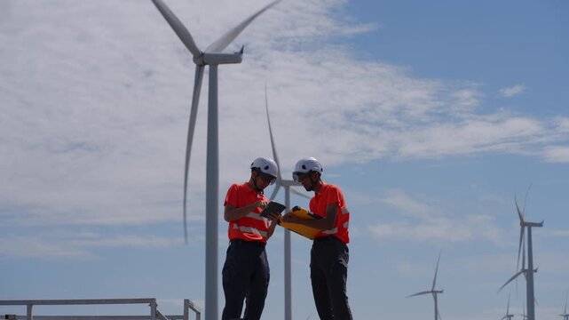 Asian engineers using a tablet and clipboard to inspect wind turbines at a renewable energy site, representing clean energy operations and technical teamwork in sustainable engineering.