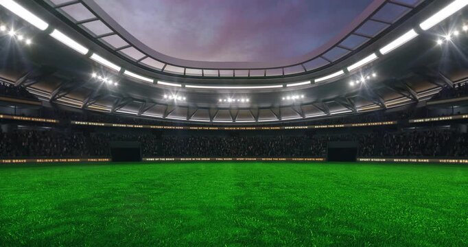 Green grass field at a sports stadium with shining spotlights and fans ready for the upcoming grand sporting event.