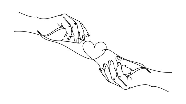 Continuous line art drawing of two hands reaching for each other with a heart in the middle symbolizing connection and love. Continuous line style. Hand drawn. Line art. Vector design. illustration
