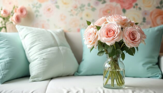 Pale pink roses in glass vase with aqua pillows. Soft floral wallpaper in pastel colors. Cozy home interior setting for relaxation and beauty.