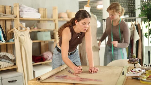 Young female fashion designer carefully drafting clothing pattern by hand on kraft paper at work table in creative studio, while colleague adjusting sample dress on mannequin 