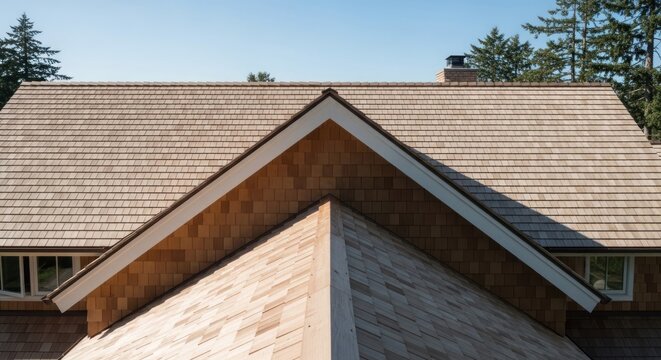 Closeup of a Gable Roof with Wooden Shingles and Siding.