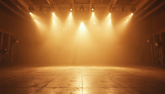 Empty stage with spotlights and smoke. Pro studio for film or photo shoots. Warm light illuminates the scene. Background for events performances.