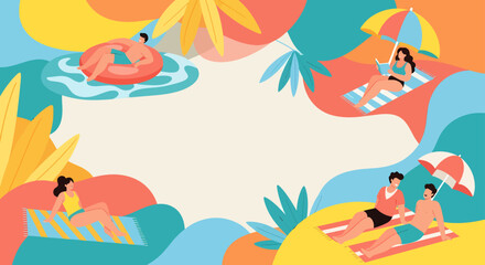 Fototapeta premium People relax on beach with inflatable rafts and umbrellas nearby