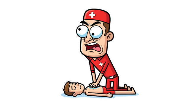 Cartoon illustration of a male paramedic performing CPR on a patient.