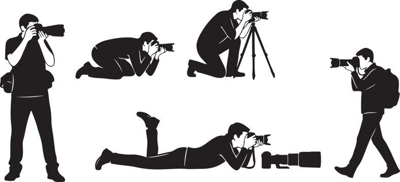 Photographer, photography icons, camera crew, black silhouette, vector graphics