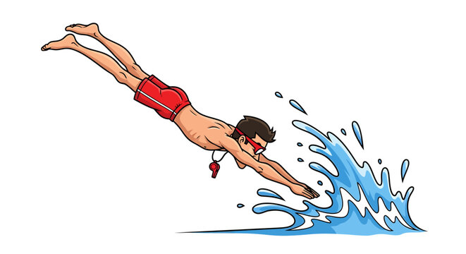 Lifeguard Diving into Water with Red Shorts and Whistle.