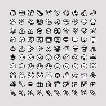 Retro pixel icon set in clean 8-bit outline style featuring food, transport, nature, emojis, animals, weapons and game items. Minimal monochrome sprites ideal for RPG interfaces, inventory systems and