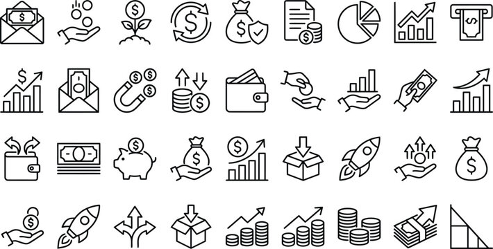 Set of line icon related to income, salary, money, business. Outline icon collection. Editable stroke. Vector illustration