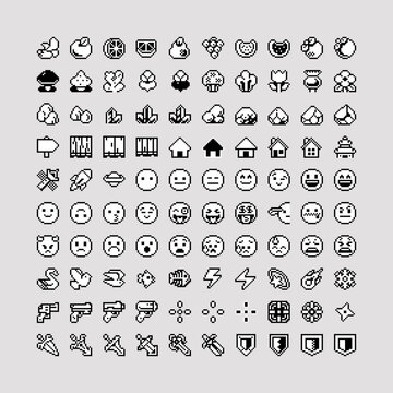 Retro pixel icon pack in clean 8-bit food, plants, crystals, buildings, emojis, weapons and game symbols, monochrome sprites for RPG UI, inventory systems and indie game assets.