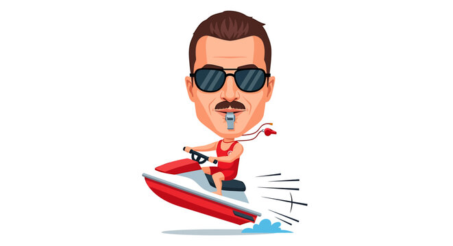 Caricature of a man with sunglasses and mustache riding a jet ski.