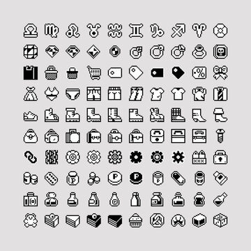 Retro pixel icon set in clean 8-bit  sprites shopping, clothing, accessories, tools, medical items, RPG interfaces, inventory systems and indie game UI.